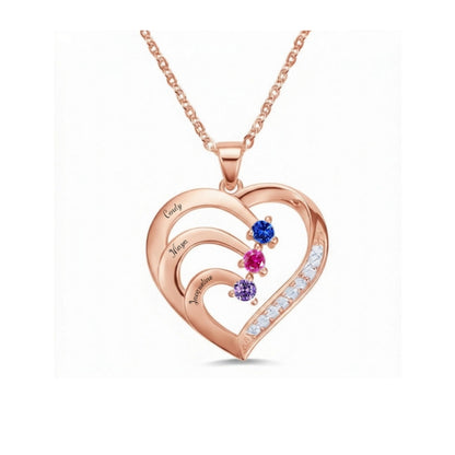 Rose gold heart necklace with 3 custom names and stones.