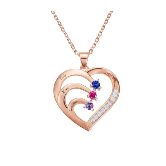 Rose gold heart necklace with 3 custom names and stones.