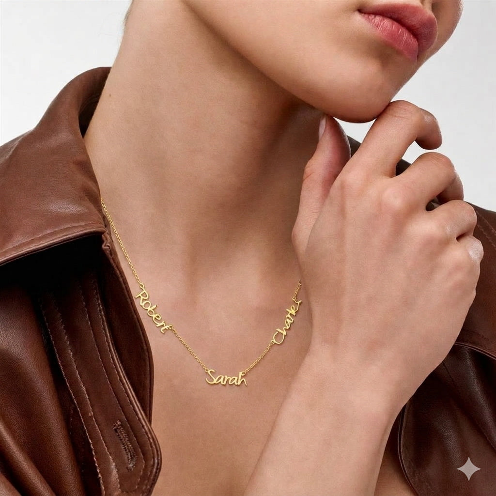 Woman wearing a three name necklace