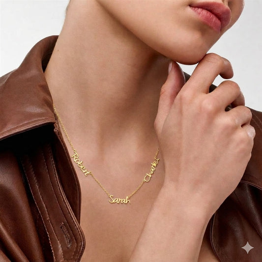 Woman wearing a three name necklace