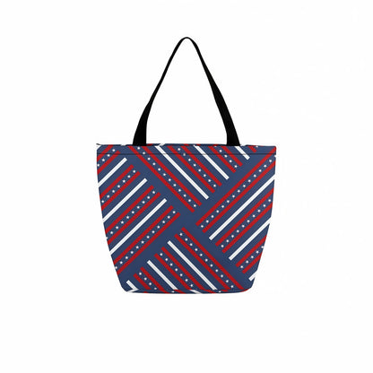 Personalized Tote Bag, Zipper Pocket, USA flag-inspired geometric pattern.