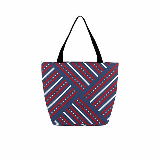 Personalized Tote Bag, Zipper Pocket, USA flag-inspired geometric pattern.