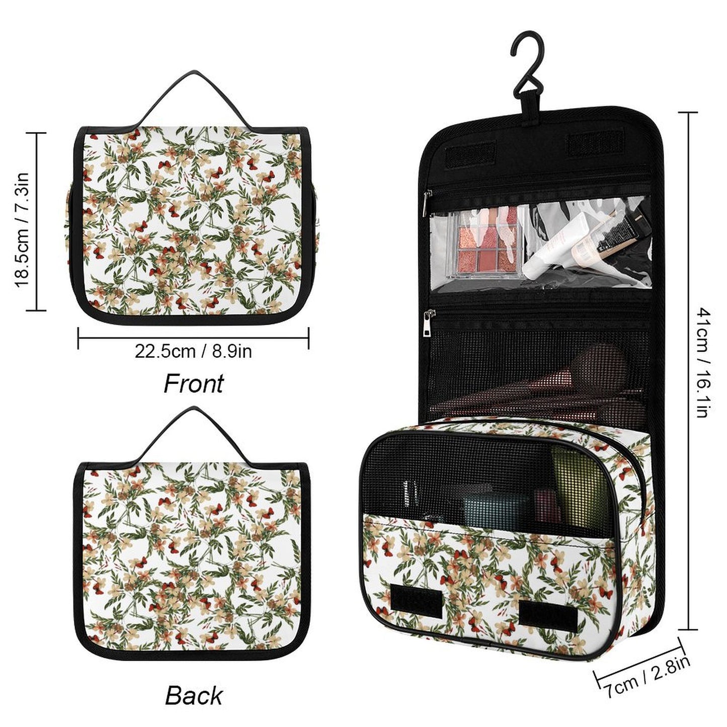Custom Travel Bag with Hook open view, showing dimensions and floral print.