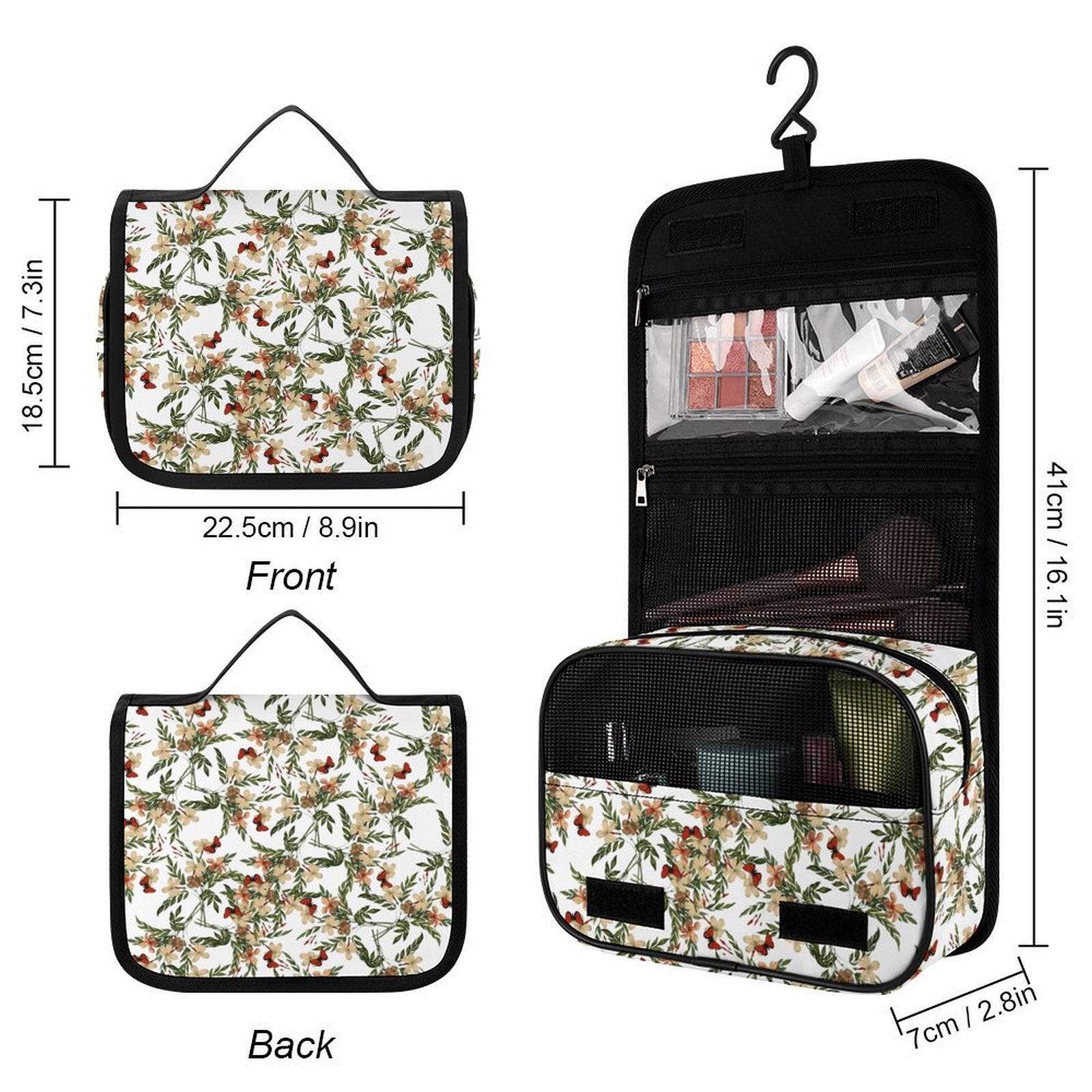 Custom Travel Bag with Hook open view, showing dimensions and floral print.