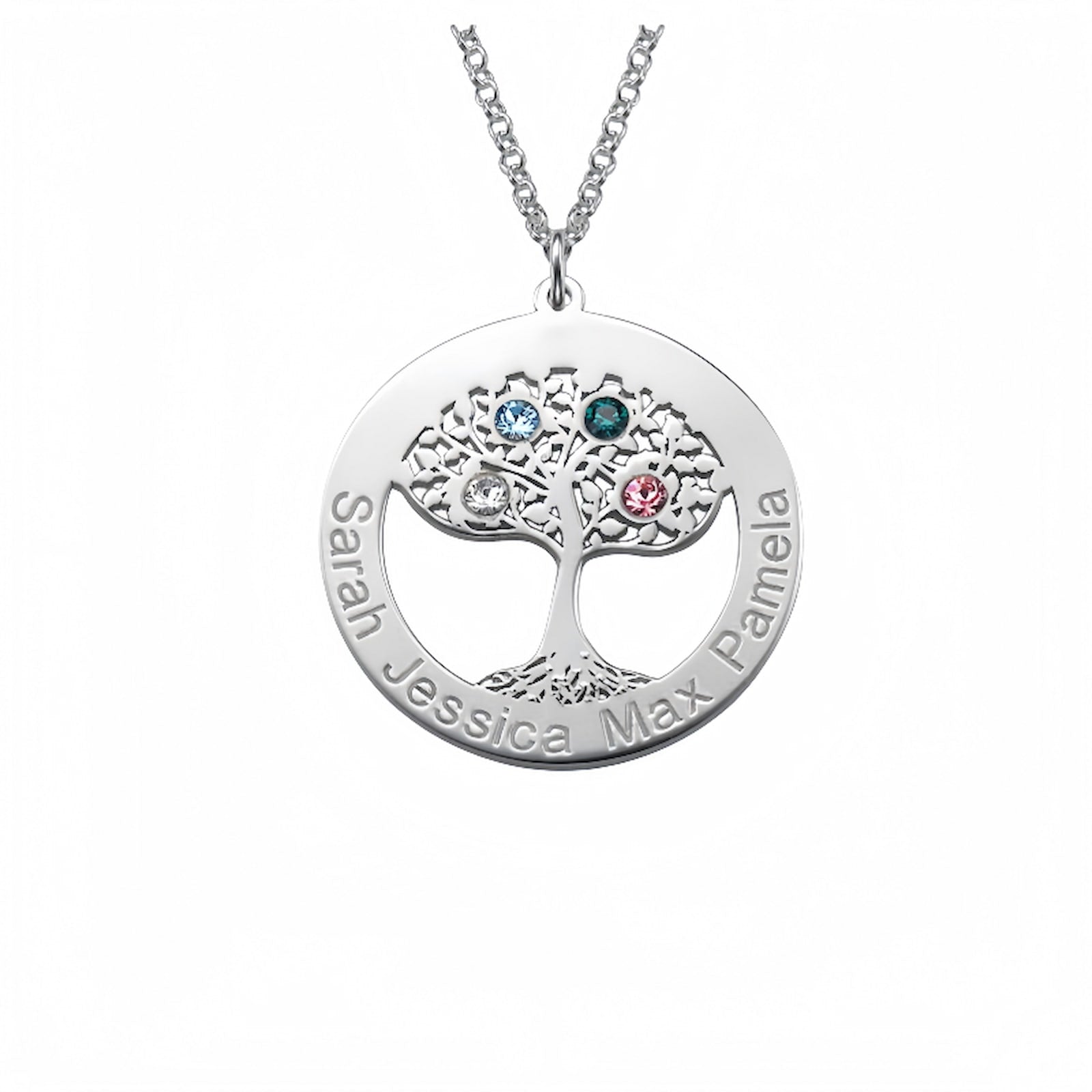 Personalized Tree of Life Necklace with custom engraved names and CZ birthstones. Mother's Day gift.