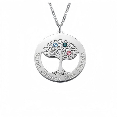 Personalized Tree of Life Necklace with custom engraved names and CZ birthstones. Mother's Day gift.