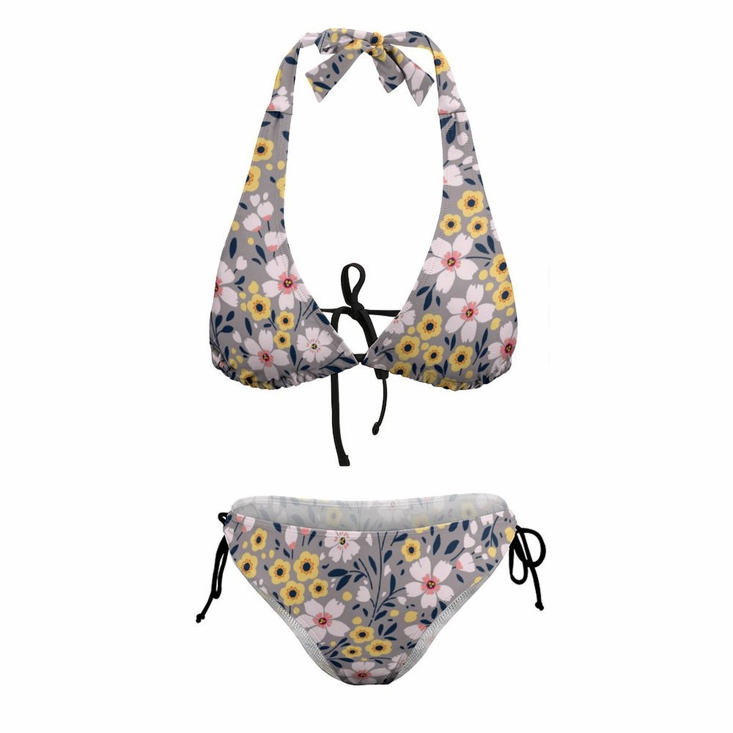 Personalized Triangle Bikini Top and Side Tie Bottoms flat lay. Shows the full crochet-look two piece set.