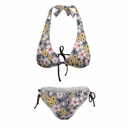 Personalized Triangle Bikini Top and Side Tie Bottoms flat lay. Shows the full crochet-look two piece set.