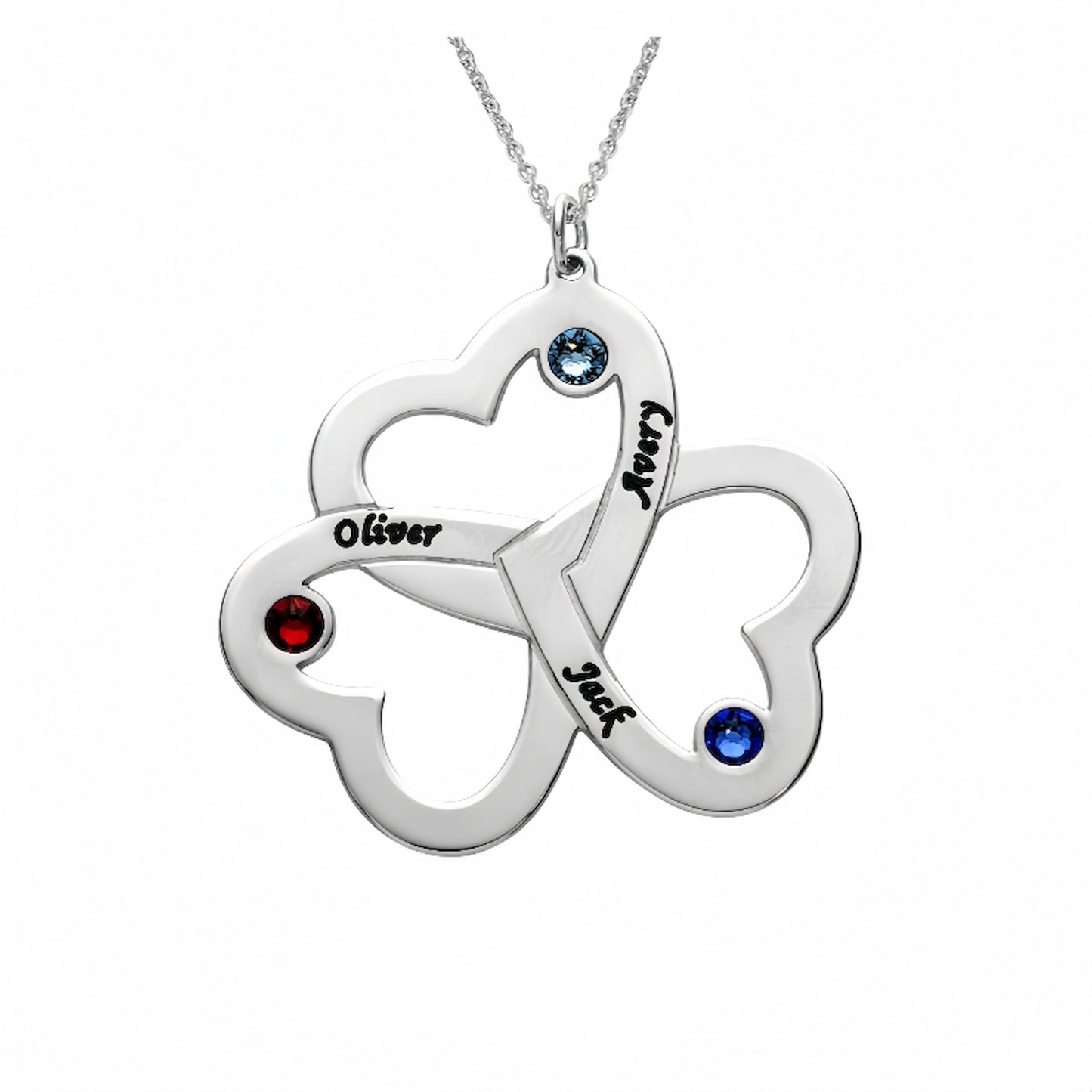 Collier triple cœur gravé personnalisé | Cadeau pour maman avec pierre de naissance