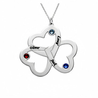 Collier triple cœur gravé personnalisé | Cadeau pour maman avec pierre de naissance