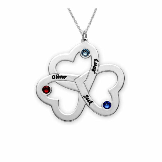 Collier triple cœur gravé personnalisé | Cadeau pour maman avec pierre de naissance