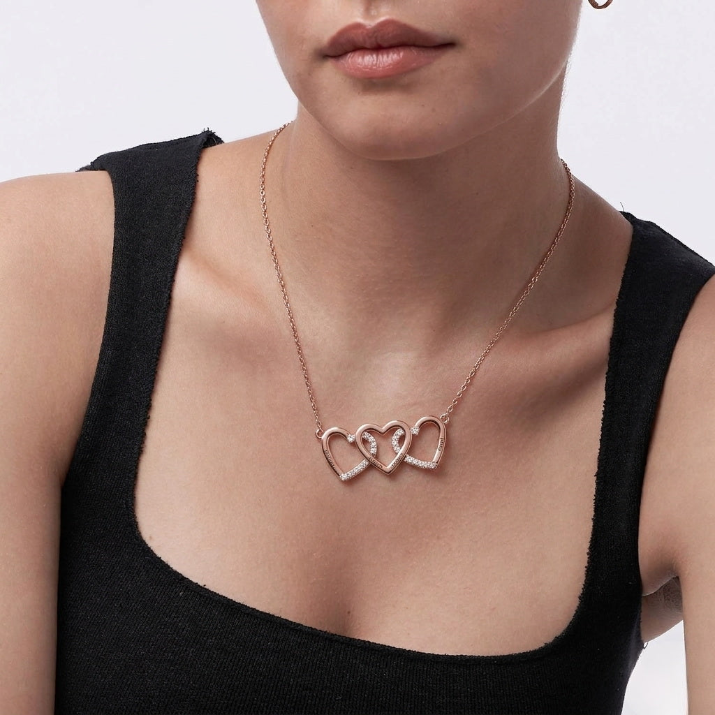 Model wearing custom sterling silver couples jewelry