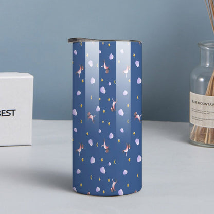 Personalized unicorn tumbler stainless steel cup lifestyle shot on desk.