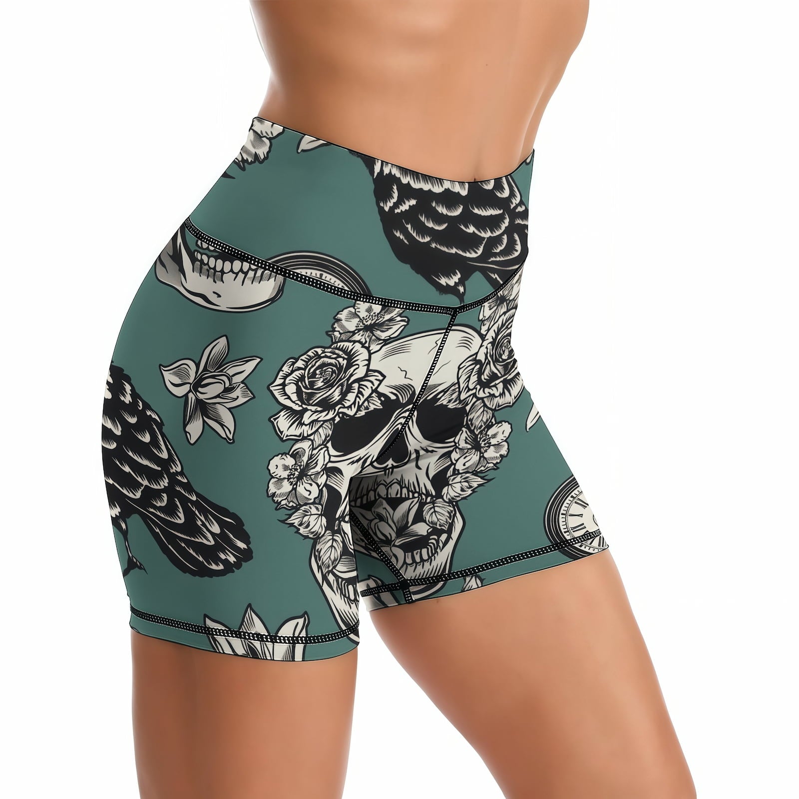 Close up of personalized tummy control fitness shorts showing high waist fit.