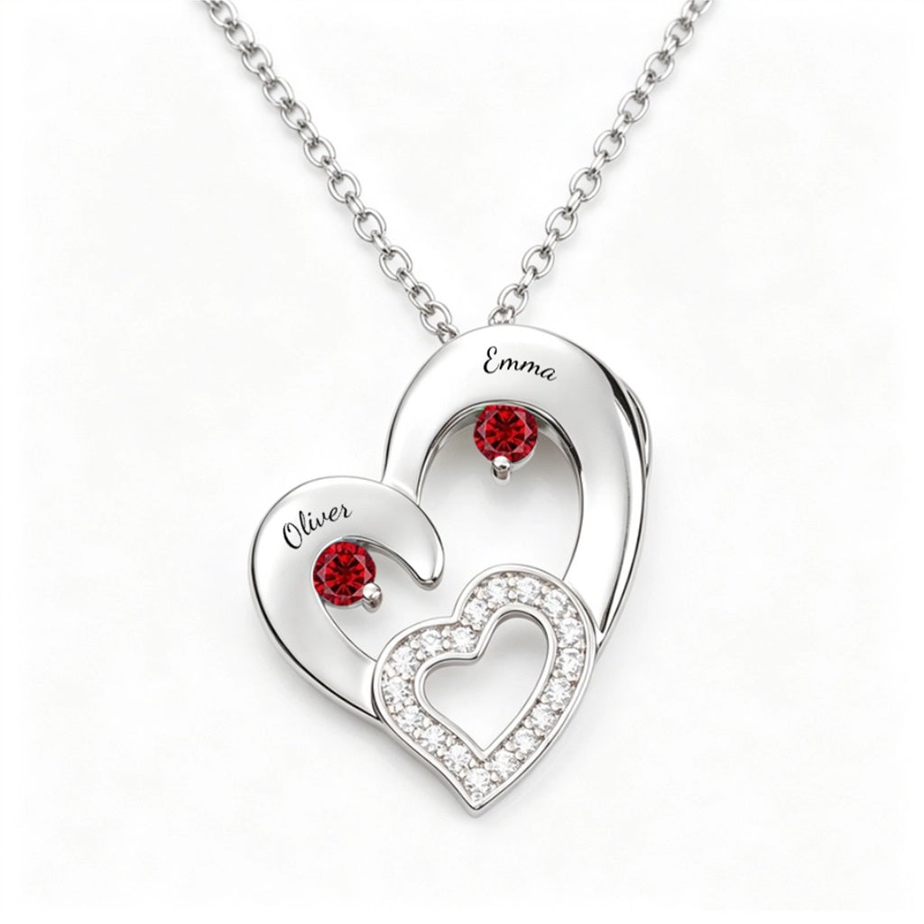 Two heart birthstone necklace front view