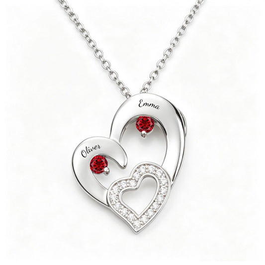Two heart birthstone necklace front view