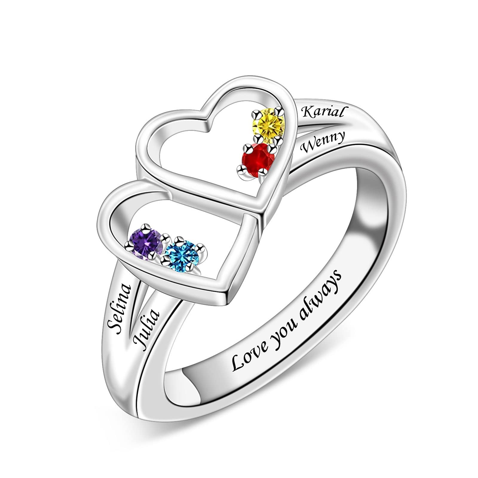 Custom two heart family name ring main jewelry view