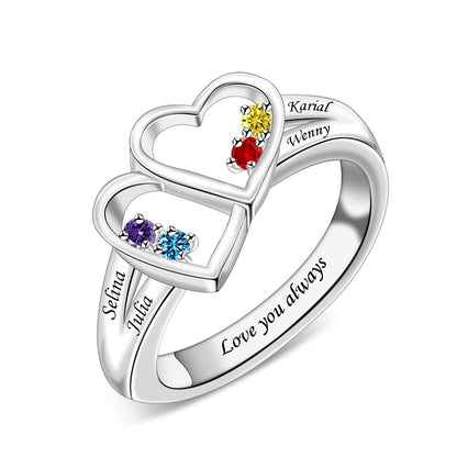 Custom two heart family name ring main jewelry view
