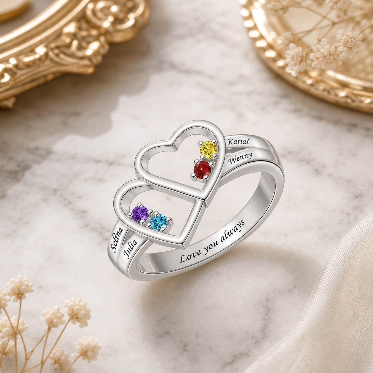 Custom two heart family name ring vanity scene jewelry view