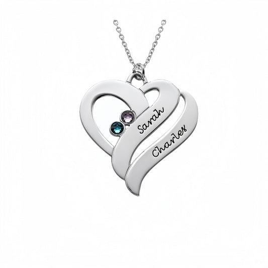 Sterling silver personalized two hearts necklace with custom names and birthstones. Perfect sentimental gift for her.