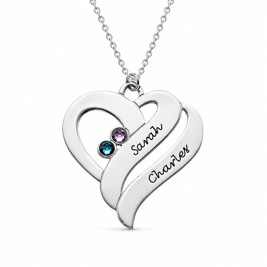 Sterling silver personalized two hearts necklace with custom names and birthstones. Perfect sentimental gift for her.