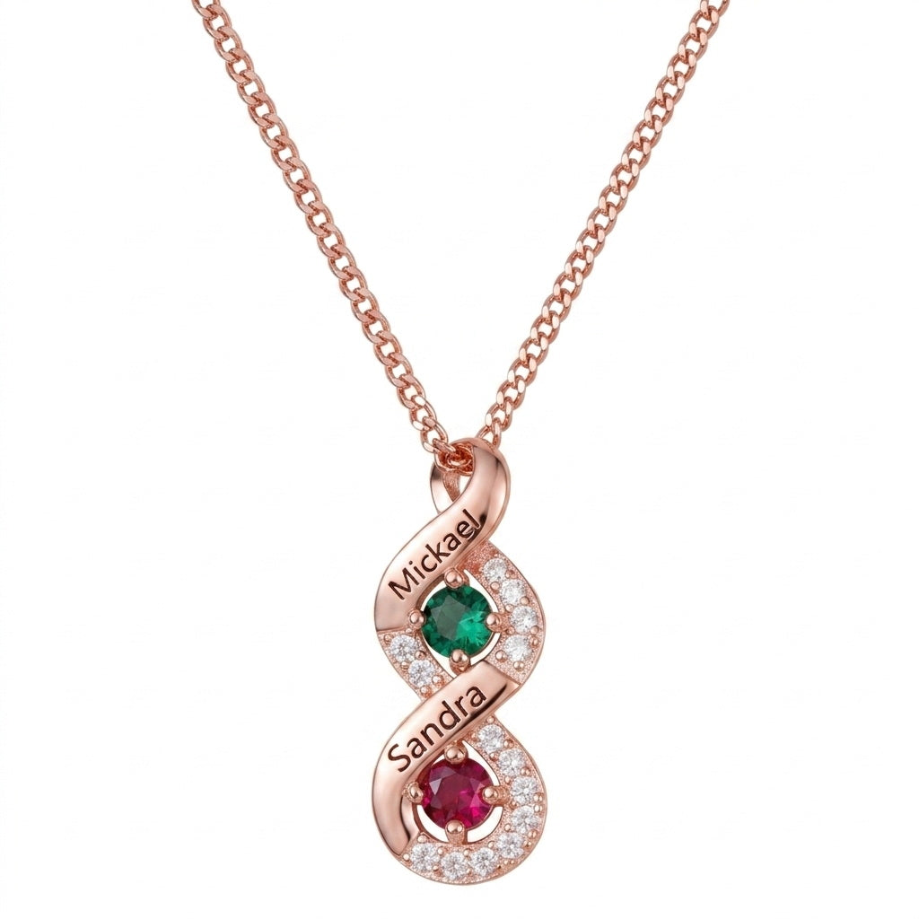 Rose gold two-name birthstone necklace front view