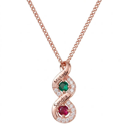 Rose gold two-name birthstone necklace front view