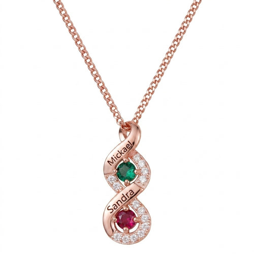 Rose gold two-name birthstone necklace front view