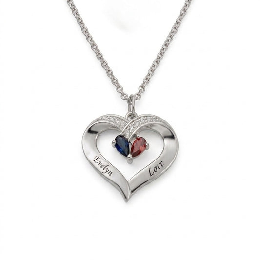 Silver two-name heart birthstone necklace front view