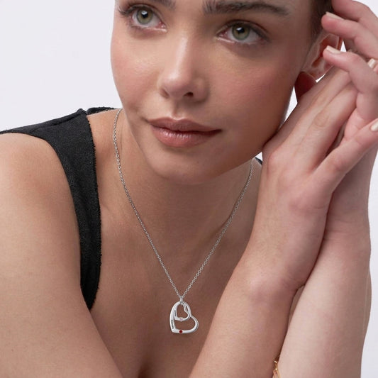 Custom Engraved Name Two Heart Birthstone Silver Necklace Ladies Fashion Gift Jewelry
