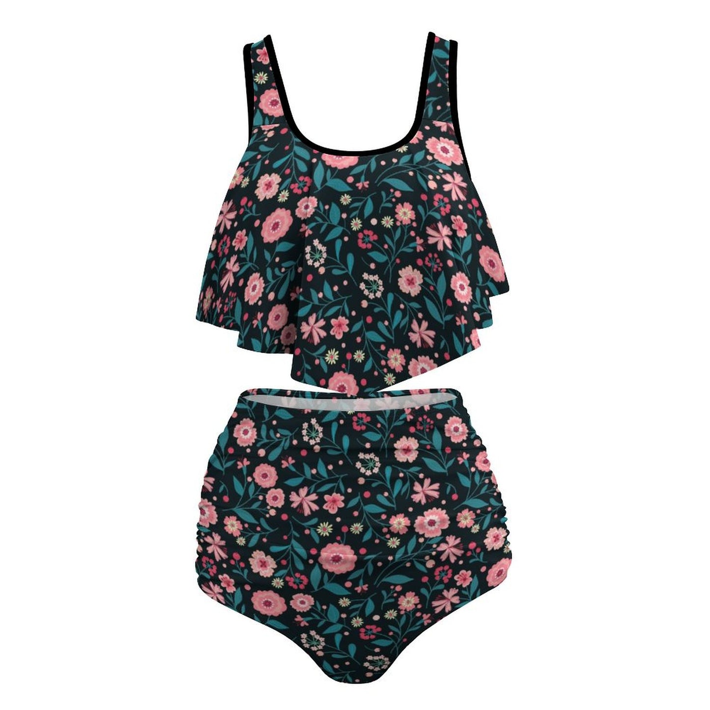 Front flat lay: personalized ruffled flounce bikini tops and high-waisted bottoms.