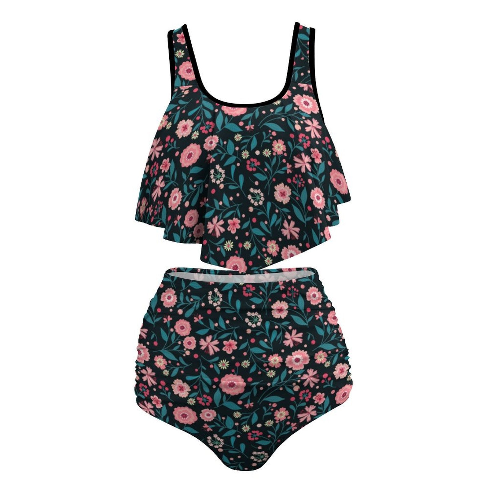 Front flat lay: personalized ruffled flounce bikini tops and high-waisted bottoms.