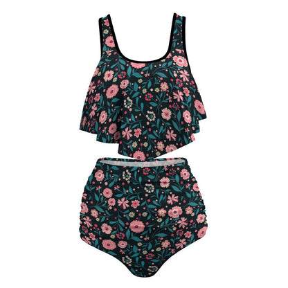 Front flat lay: personalized ruffled flounce bikini tops and high-waisted bottoms.