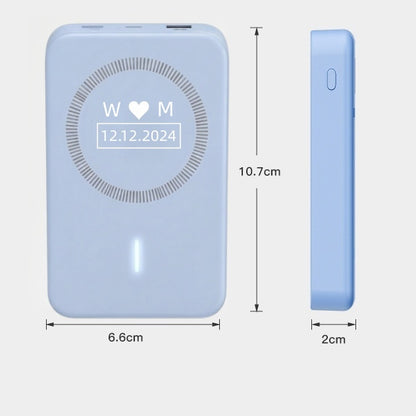 Slim 2cm thick personalized power bank with size specs.