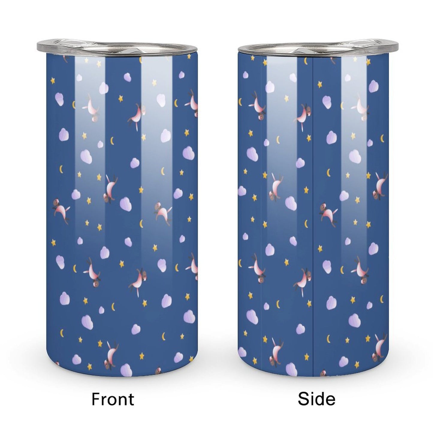 Front and side view of personalized unicorn stainless steel cup.