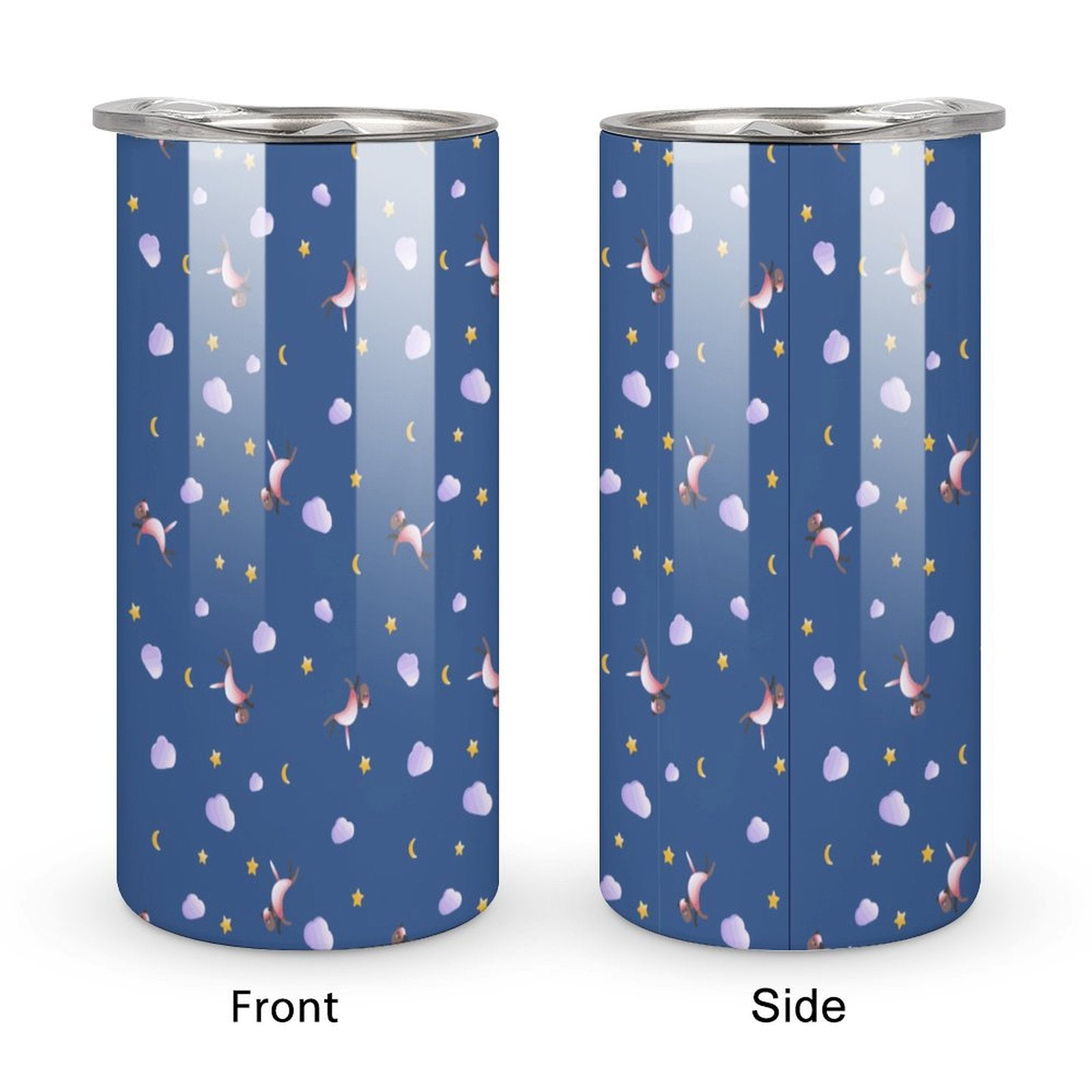 Front and side view of personalized unicorn stainless steel cup.