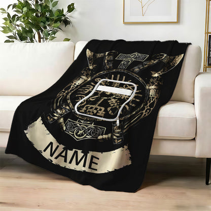 Custom Viking Vegvisir blanket on a white sofa.