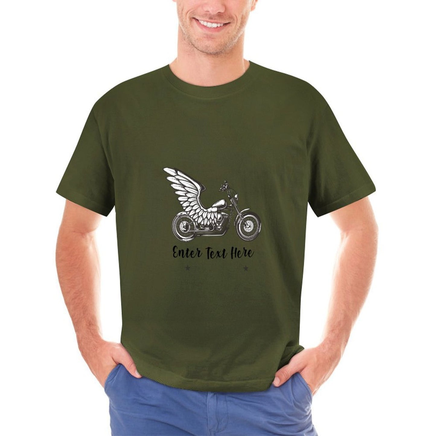 Personalized Winged Dad army green T-Shirt front with custom name and angel wings design.