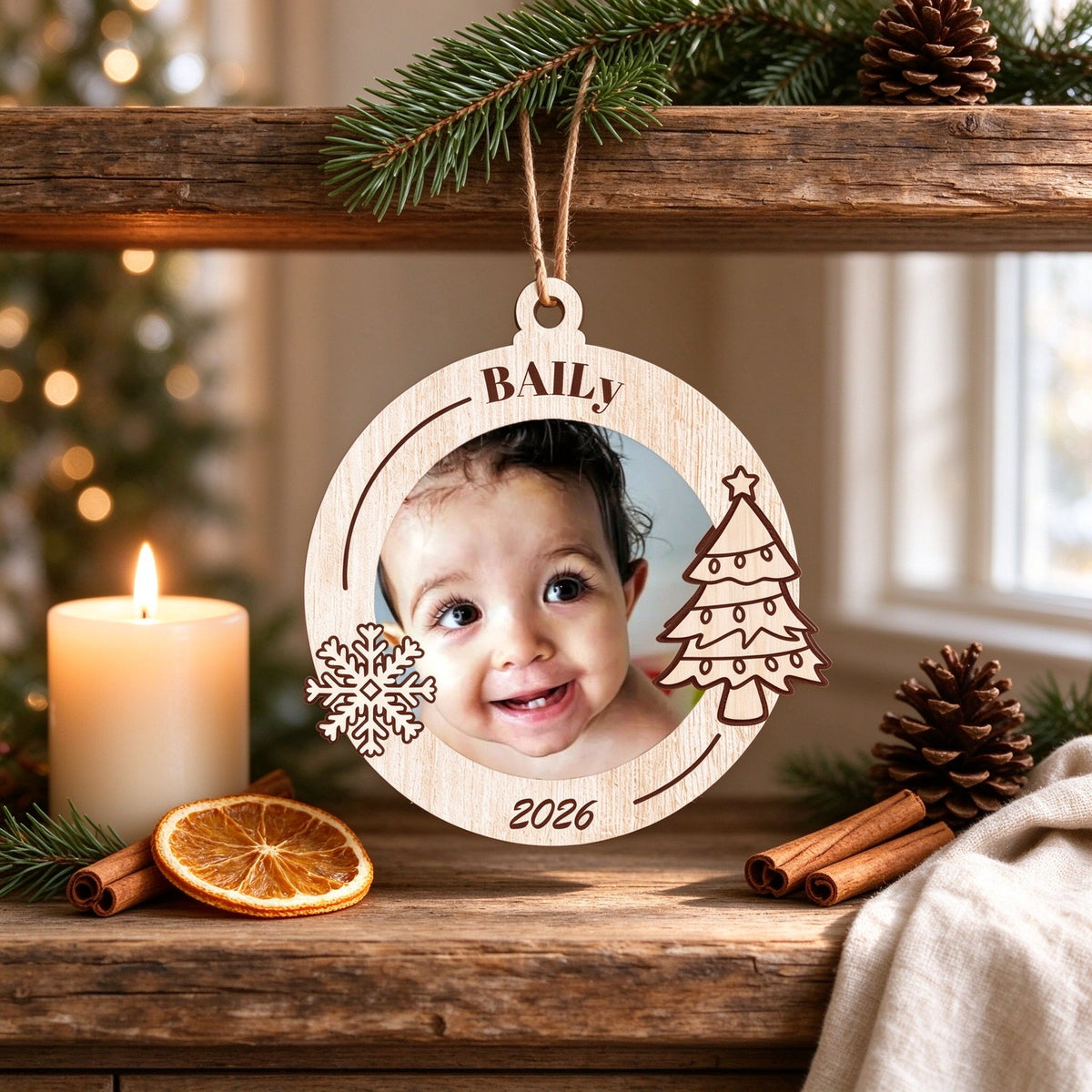 Personalized Baby Photo Wooden Christmas Ornament with Name and Year - size or option details