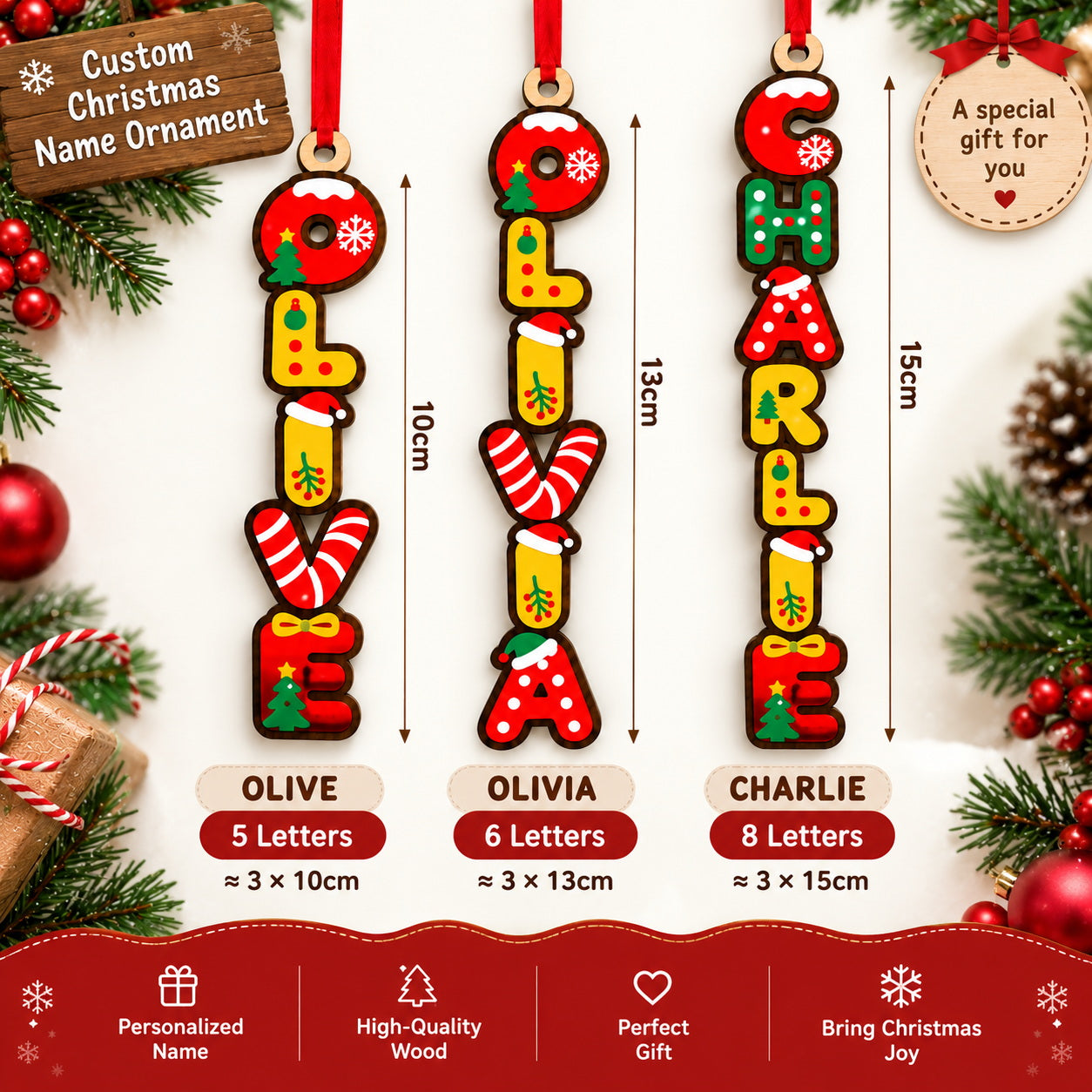 Personalized wooden name ornament character options