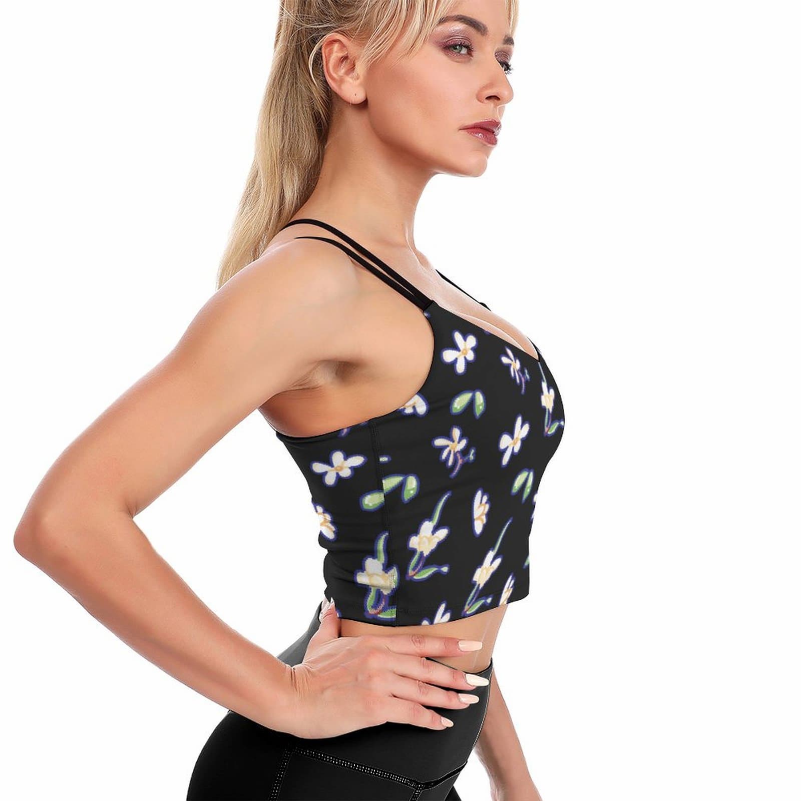 model side view wearing personalized workout tank top. padded, scoop neck style for comfort and support.