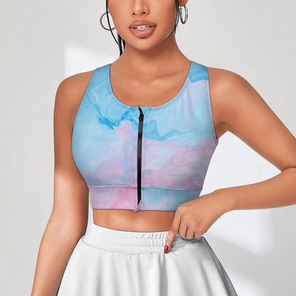 Shockproof yoga vest with front closure zipper and custom marble print design.