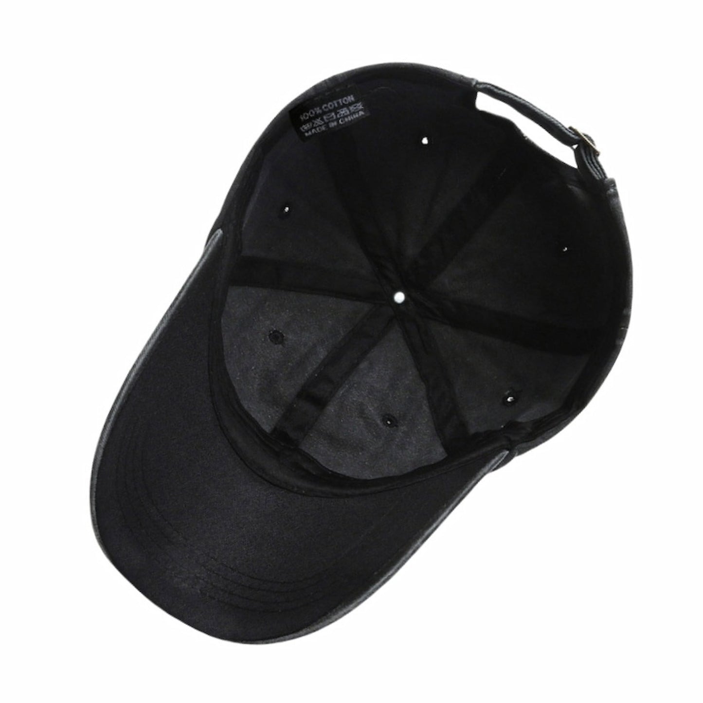 Inside view of the personalized cotton dad hat, showing 100% cotton tag and structure. Quality cap for custom logos.