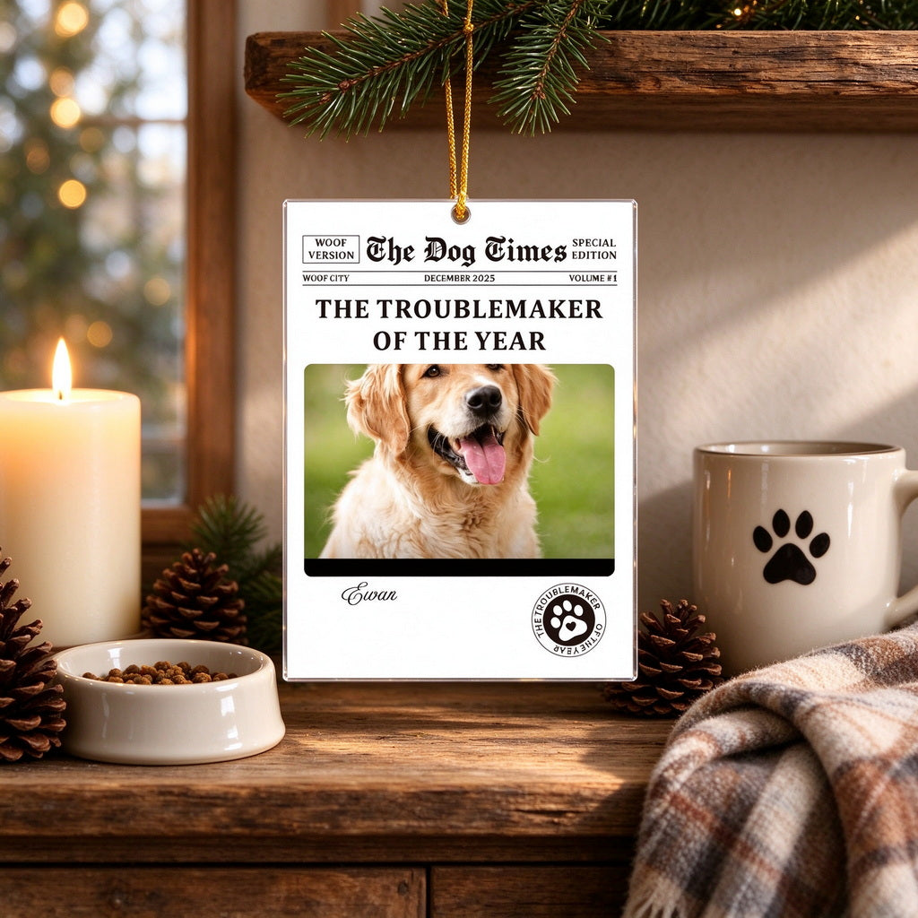 Personalized Dog Photo Christmas Ornament, Custom Pet Newspaper Keepsake - home decor display