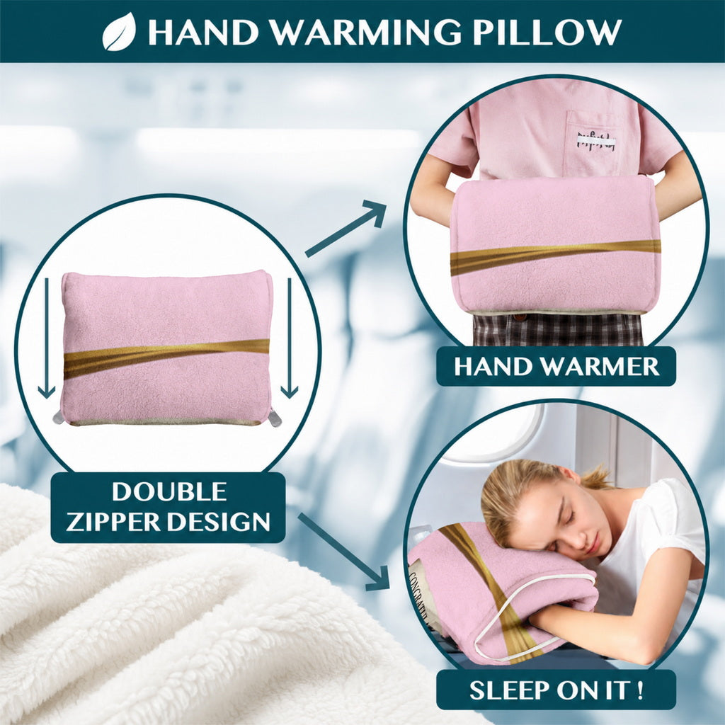 Graphic showing pink pillow used as hand warmer and cushion.
