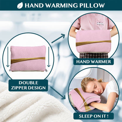 Graphic showing pink pillow used as hand warmer and cushion.