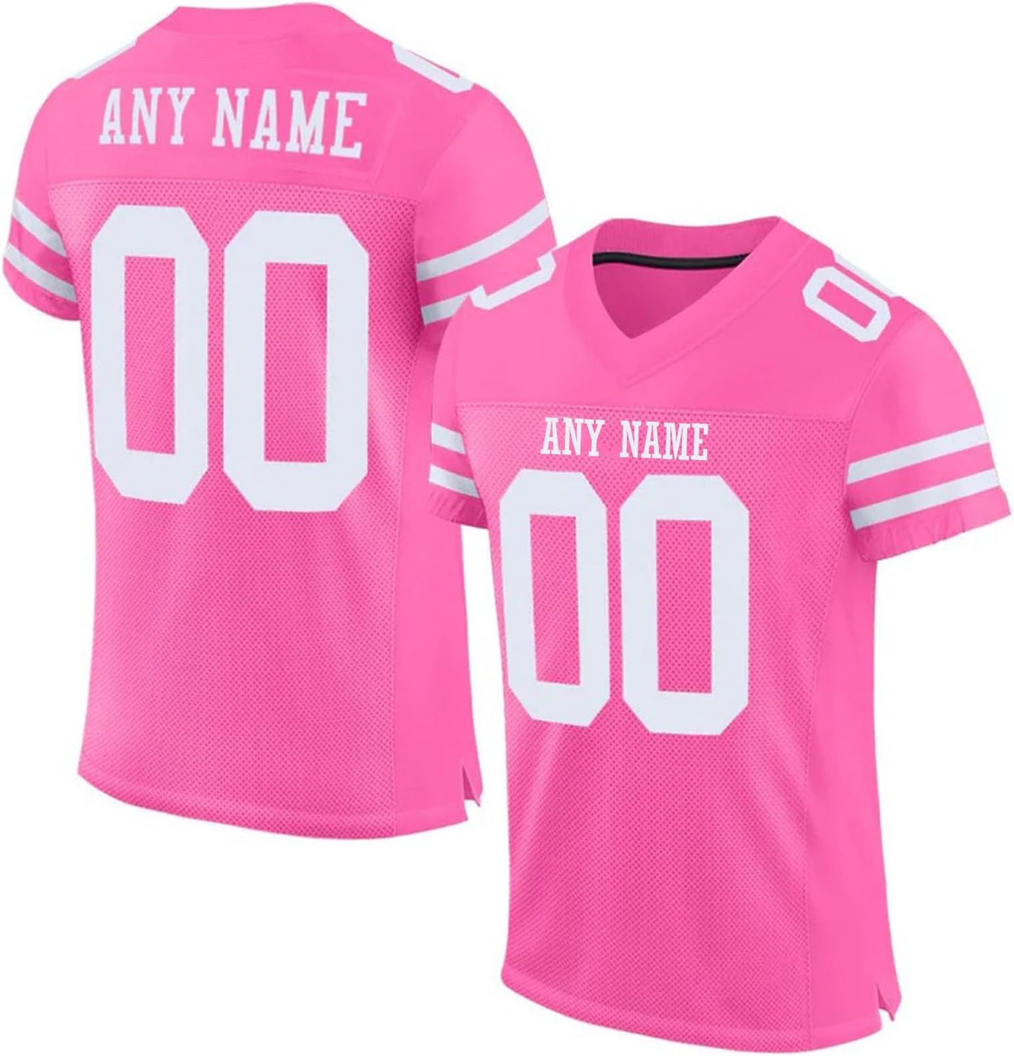 Custom Stitched Fan Uniform in pink,white, showing team name and large numbers.