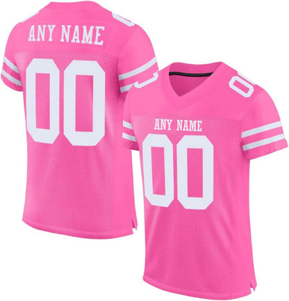 Custom Stitched Fan Uniform in pink,white, showing team name and large numbers.