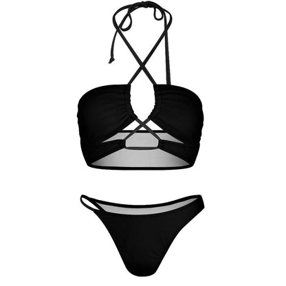 Close-up of Plunge Neckline Cutout Criss Cross Bikini Top and high-cut bottom set.