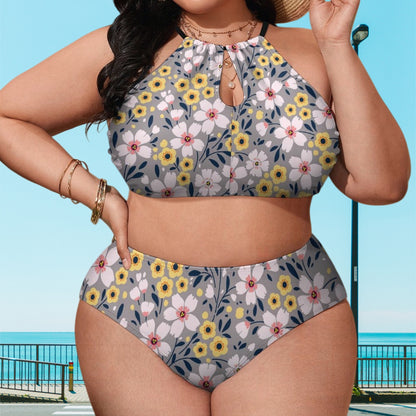 Women's Plus Size Two Piece Bathing Suit, Floral Print, Beach setting.